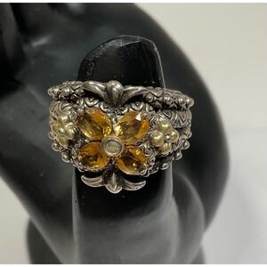 Barbara Bixby Sterling Silver 18K Gold Citrine Diamond Flower Band Ring Size 6